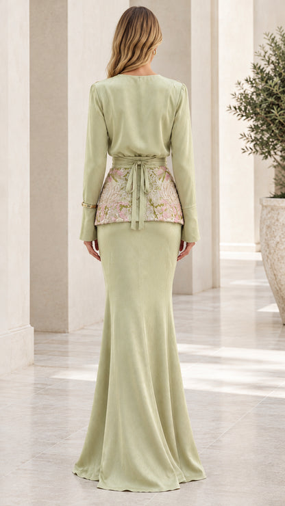 Back view of Sage Green maxi dress showing adjustable waist ribbon tie