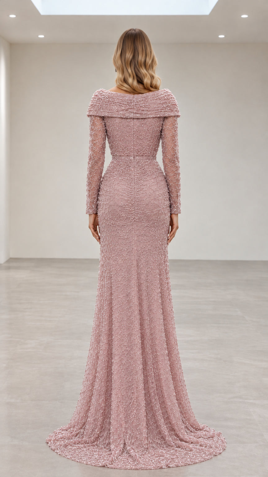 Dusty Rose beaded long-sleeve formal gown - back view with sweep train