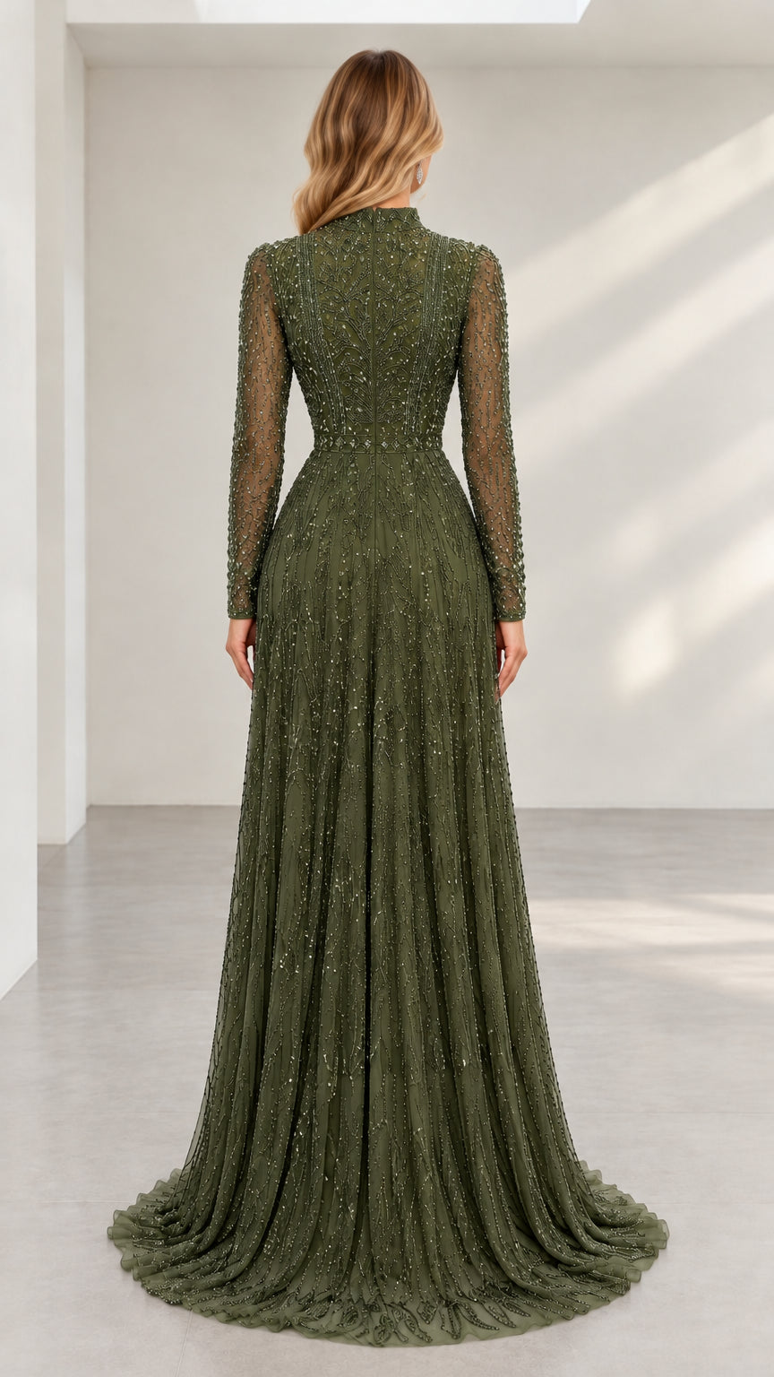 Back view of olive green beaded gown showing fitted silhouette and concealed zipper