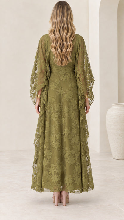 Back view of olive green floral lace maxi dress