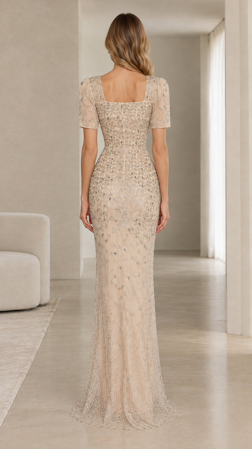 Champagne square neck sequin evening dress back view