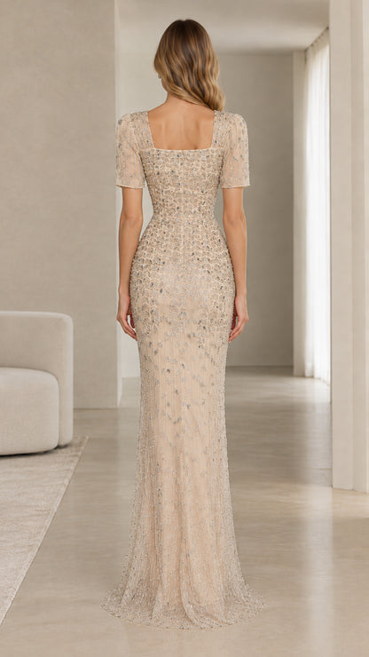 Champagne square neck sequin evening dress back view