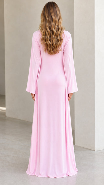 Back view of Light Pink long maternity cardigan and maxi dress set