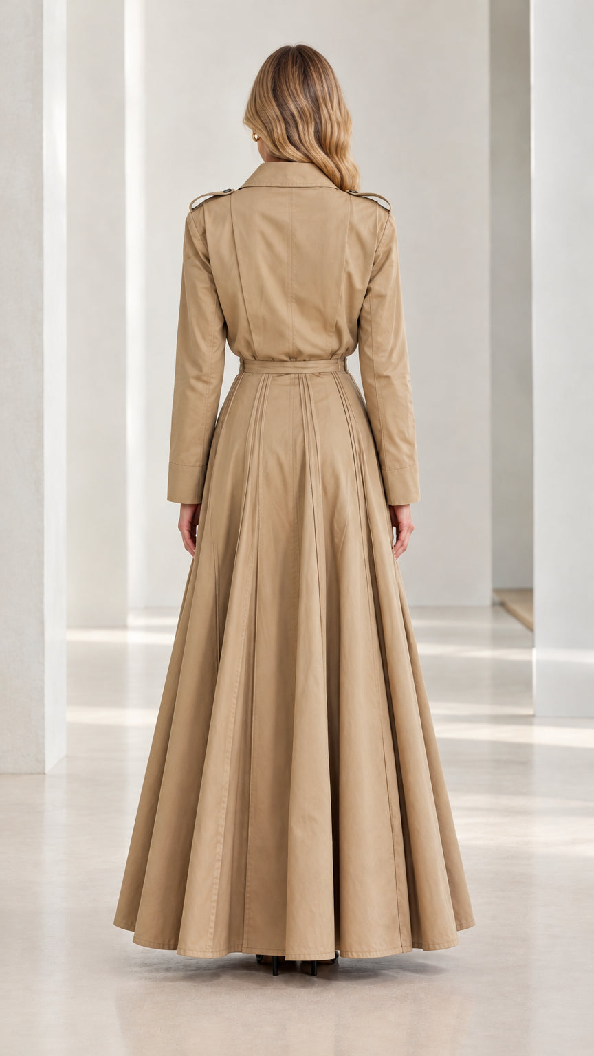 Back view of khaki long sleeve pleated trench maxi dress