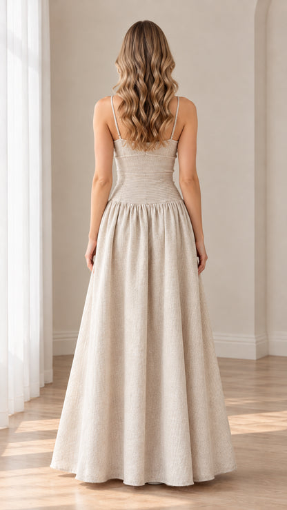 Back view of women's oatmeal textured cami maxi dress