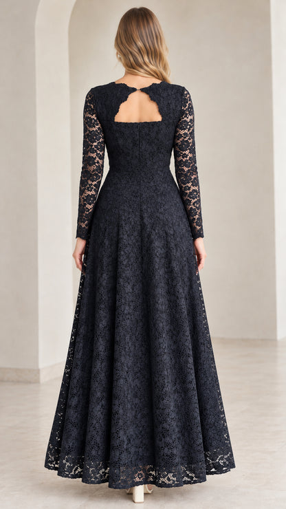 Back view of Navy Blue lace maxi dress featuring elegant keyhole cutout