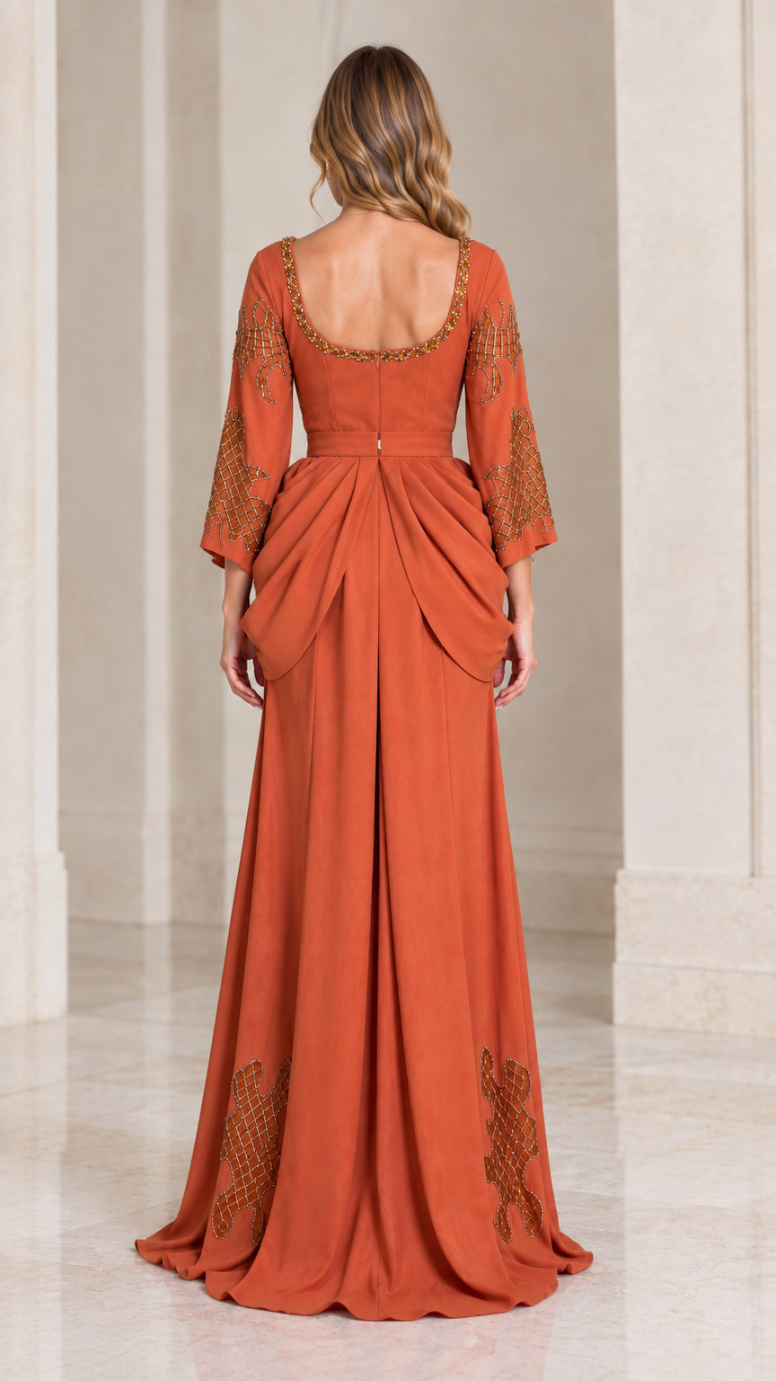 Back view of rust orange square neck evening dress with detailed sleeve embellishments