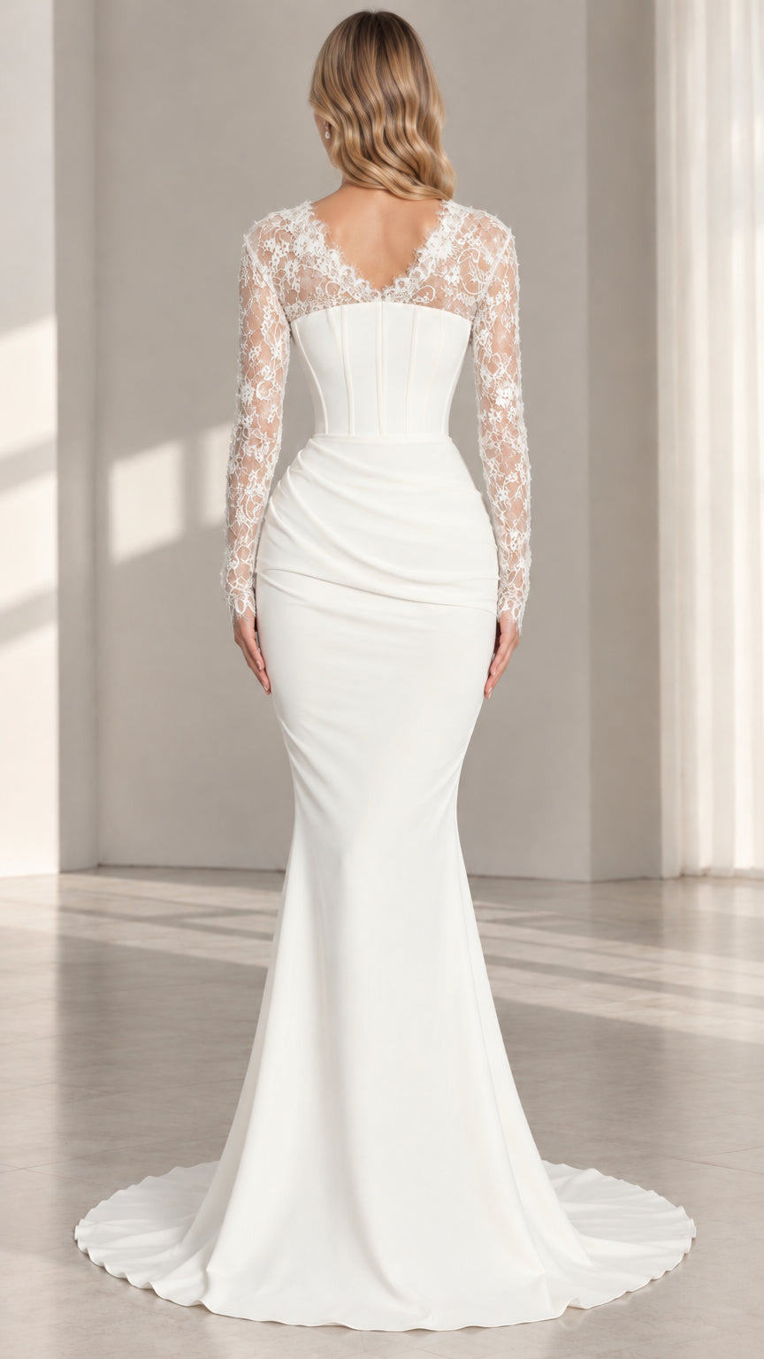 Back view of white lace back corset mermaid evening gown with train
