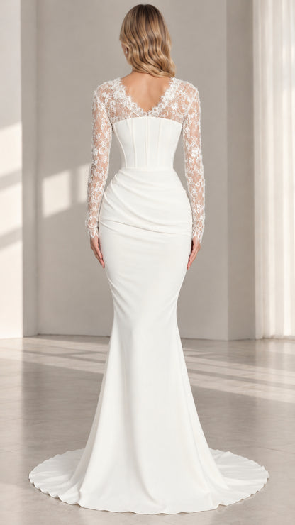 Back view of white lace back corset mermaid evening gown with train