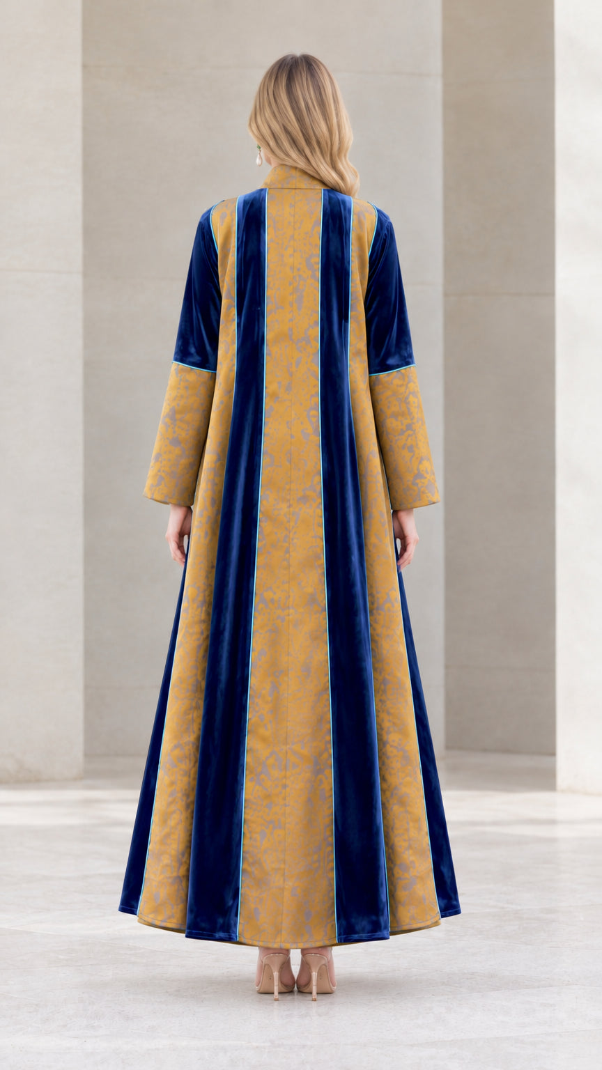 Back view of the striped velvet and jacquard maxi duster outerwear