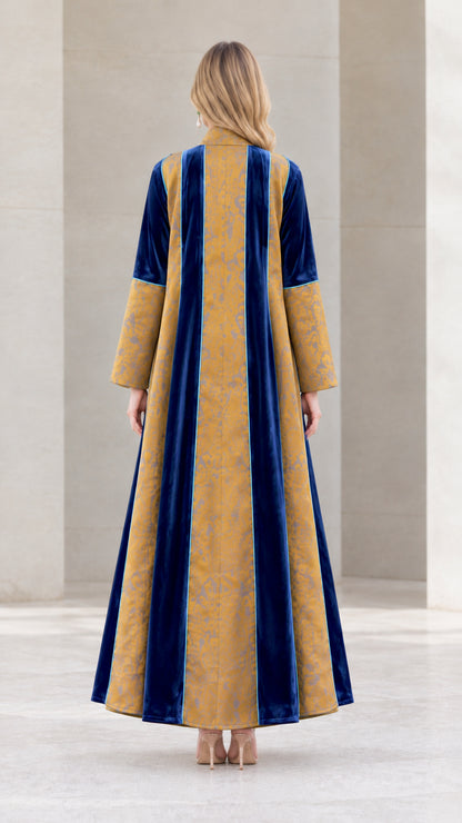 Back view of the striped velvet and jacquard maxi duster outerwear
