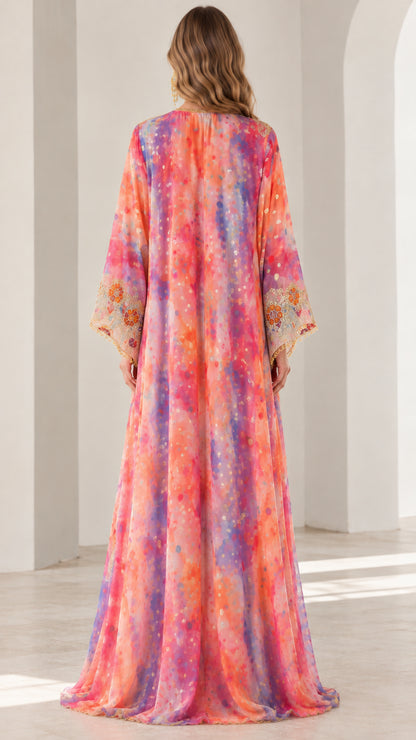 Back view of model wearing flowing colorful embroidered kaftan maxi dress