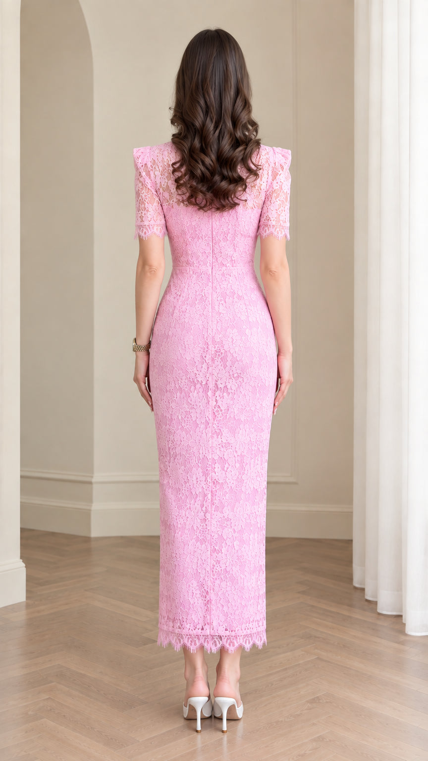 Back view of model wearing pink floral lace maxi dress with back zipper