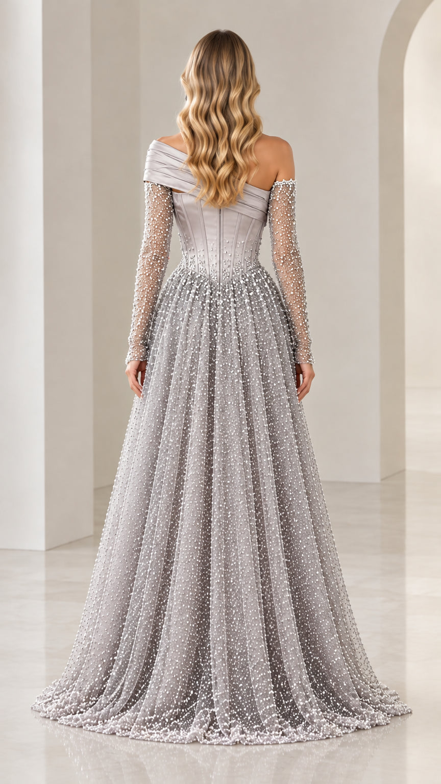 Back view of silver grey beaded A-line gown with structured bodice