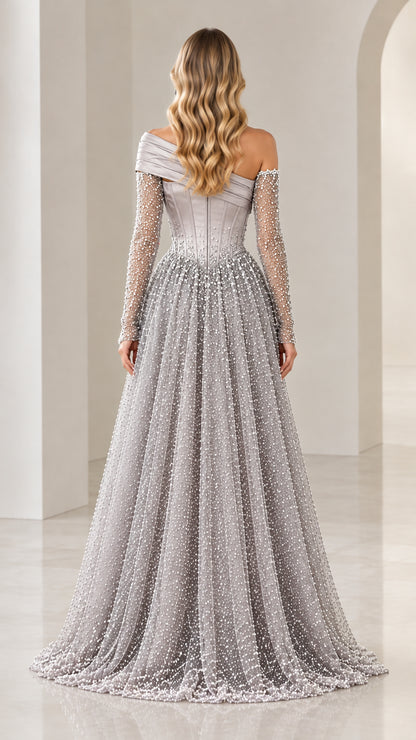 Back view of silver grey beaded A-line gown with structured bodice