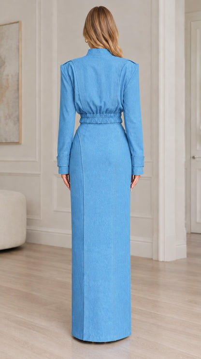 Back view of tailored sky blue zip jacket and column maxi skirt
