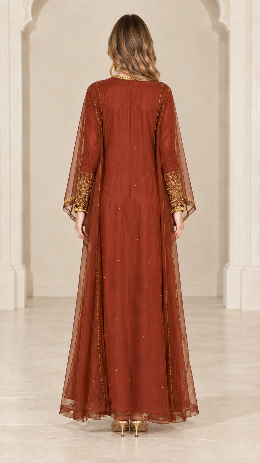 Back view of rust brown sheer overlay maxi kaftan gown