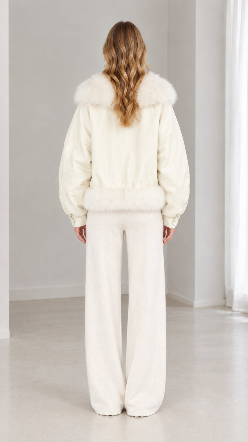 Back full view of cream faux-fur trimmed jacket and matching pants