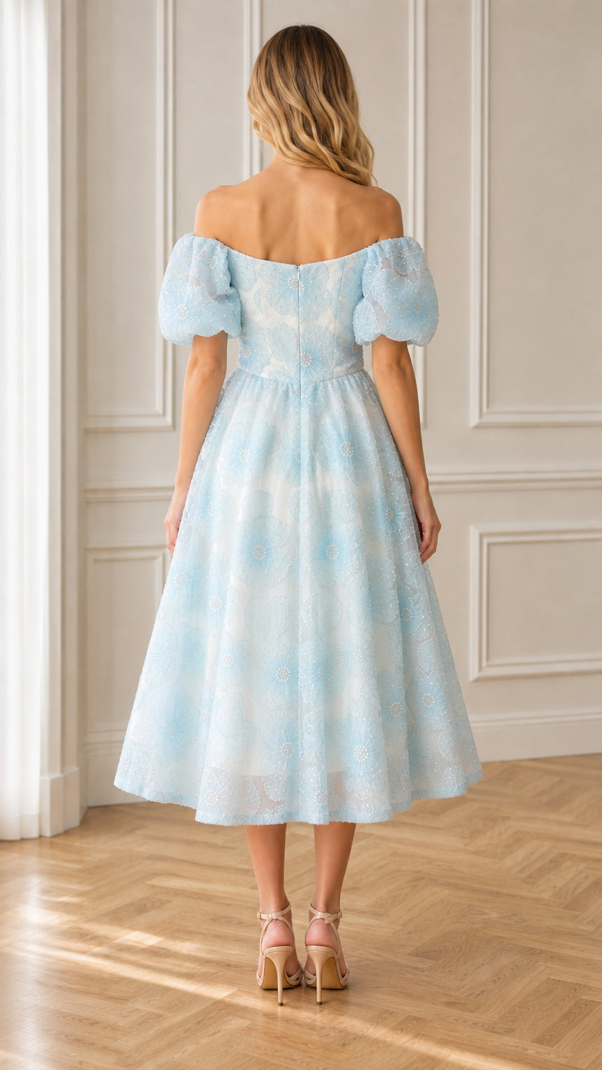 Back view of light blue floral dress