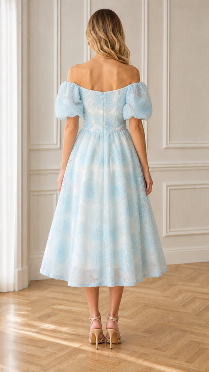 Back view of light blue floral dress