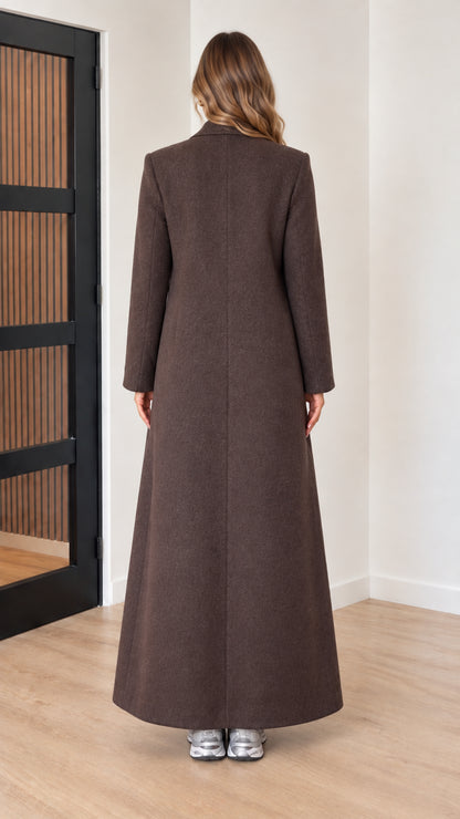 Back full view of chocolate brown maxi wool-style overcoat