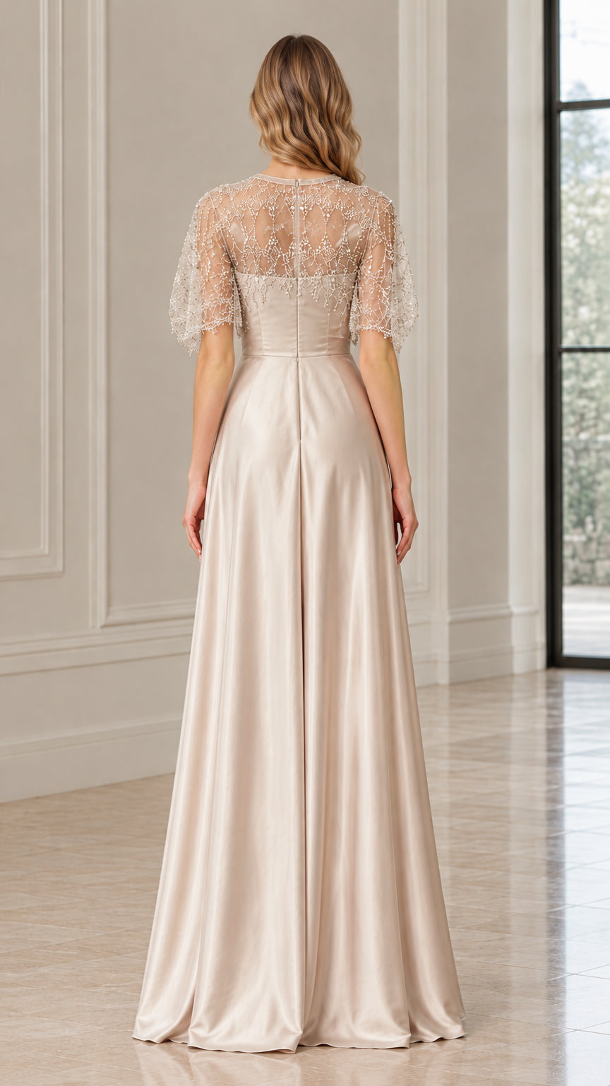 Back view of woman wearing Champagne satin floor-length evening dress