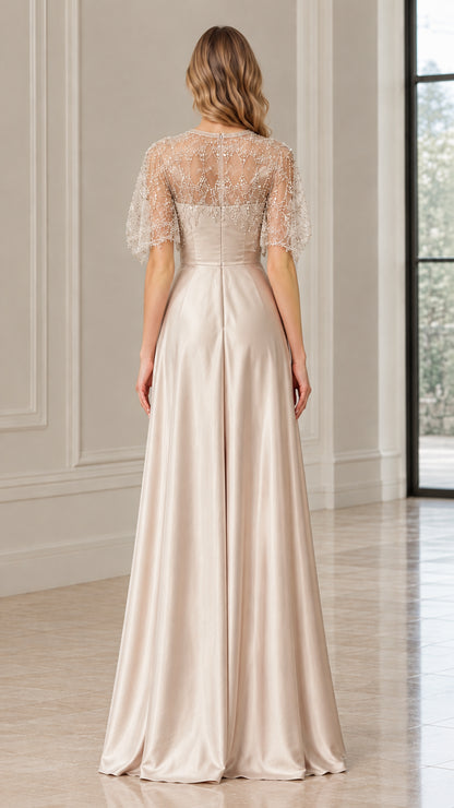Back view of woman wearing Champagne satin floor-length evening dress