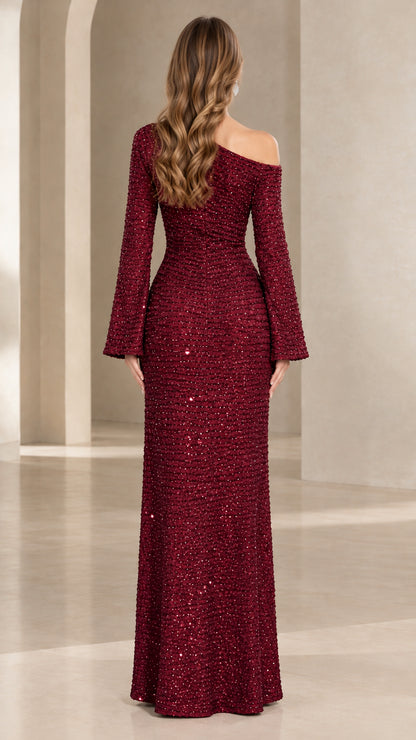 Burgundy one-shoulder sequin evening dress back view