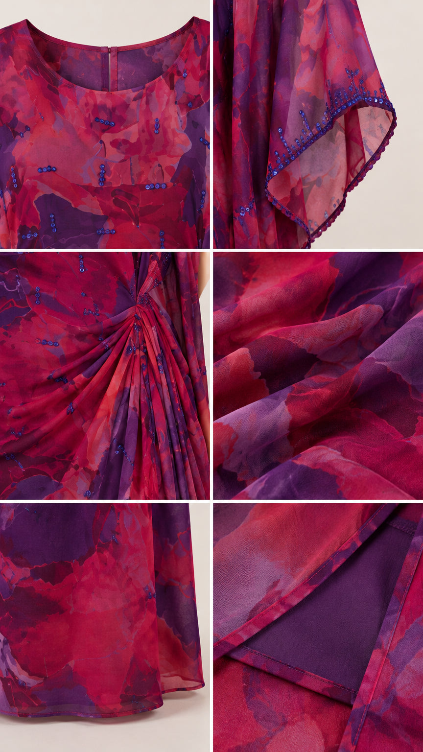 Close-up details of neckline, beading embellishment, draped fabric, and interior lining