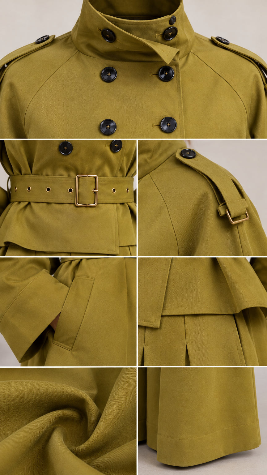Detailed close-ups of jacket collar, buttons, belt buckle, epaulettes, pocket, and fabric texture