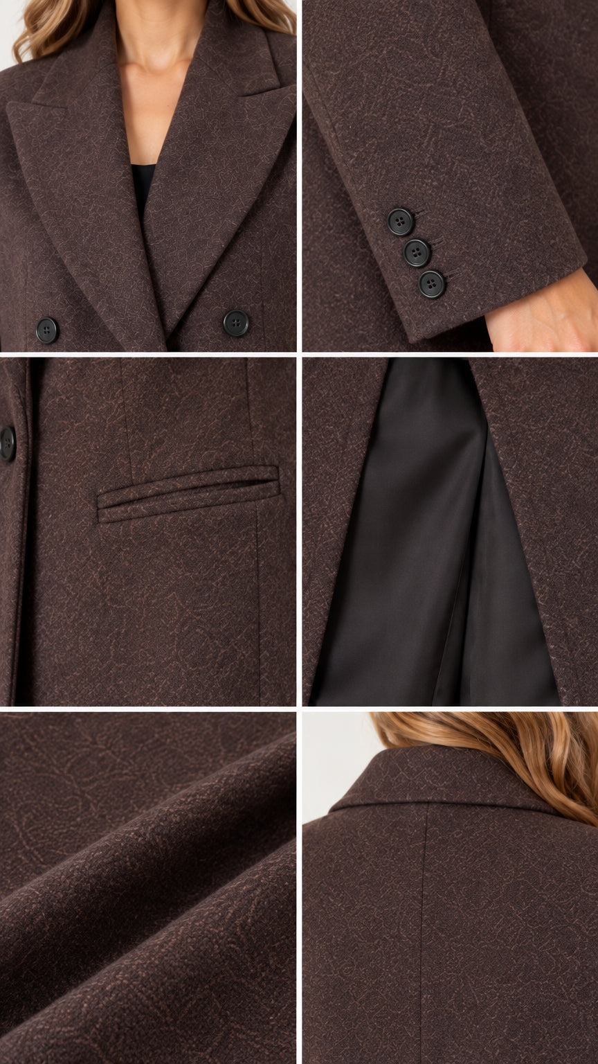 Close-up details of lapel, cuff buttons, pocket, and lining of chocolate brown coat