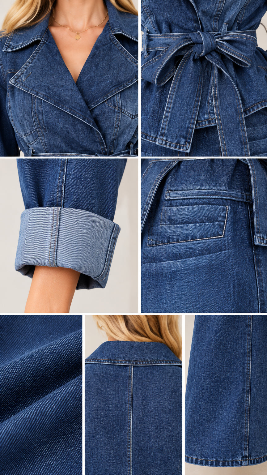 Close-up details of denim lapel, tie belt, cuffed sleeve, and denim fabric texture