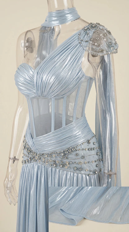 Close-up detail of mannequin displaying Ice Blue sheer corset bodice and rhinestone shoulder trim