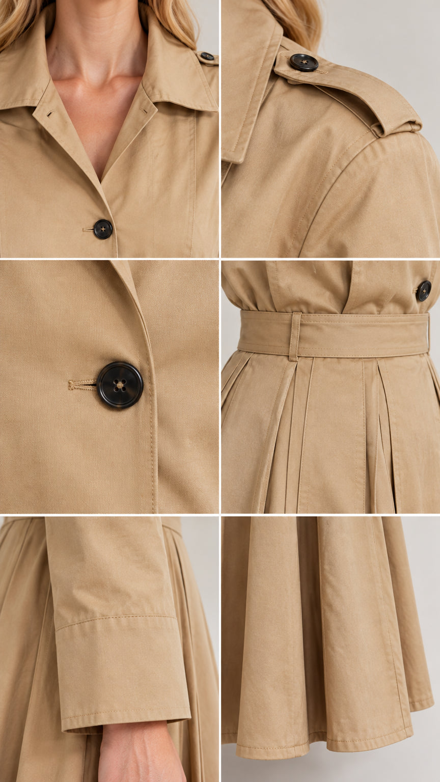 Close up details of lapel collar, epaulet buttons, waistband, and hem on khaki trench dress