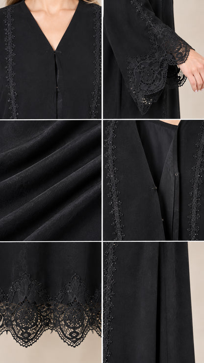 Close-up details of scalloped lace cuffs, neckline, and flowy fabric texture