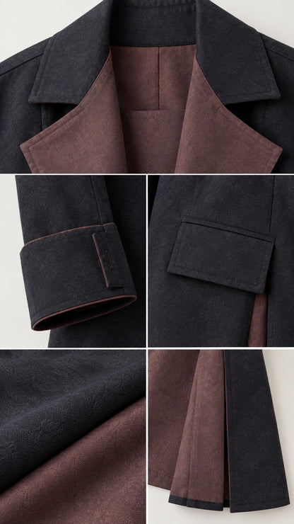 Close-up details of lapel, cuffs, flap pocket, and smooth woven fabric texture