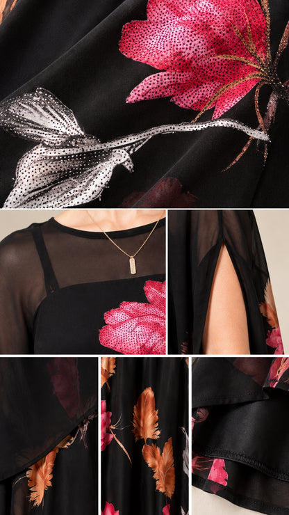Close-up details of floral motif, sheer neckline, and capelet slit