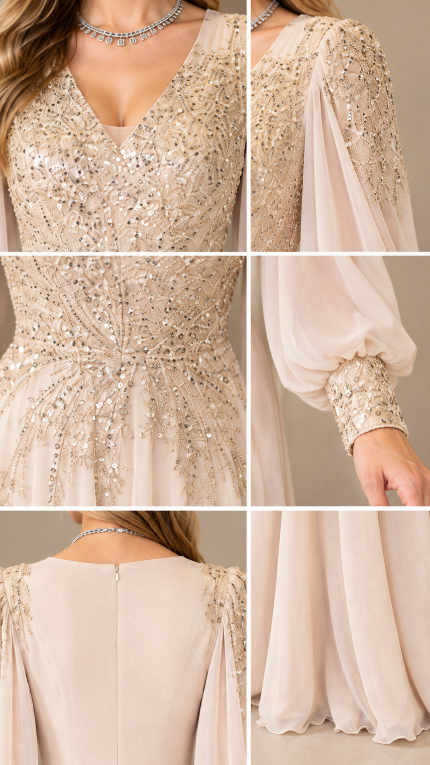 Close-up details of sequin bodice embroidery, mesh neckline, and sleeve cuffs