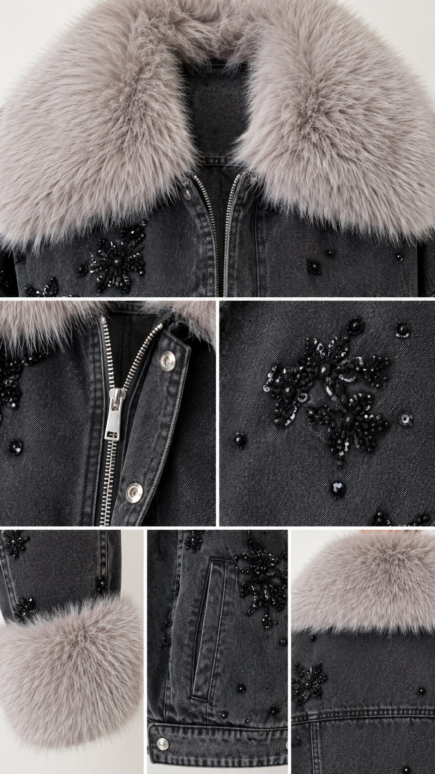 Close-up details of faux fur collar, zipper hardware, and beaded floral embroidery