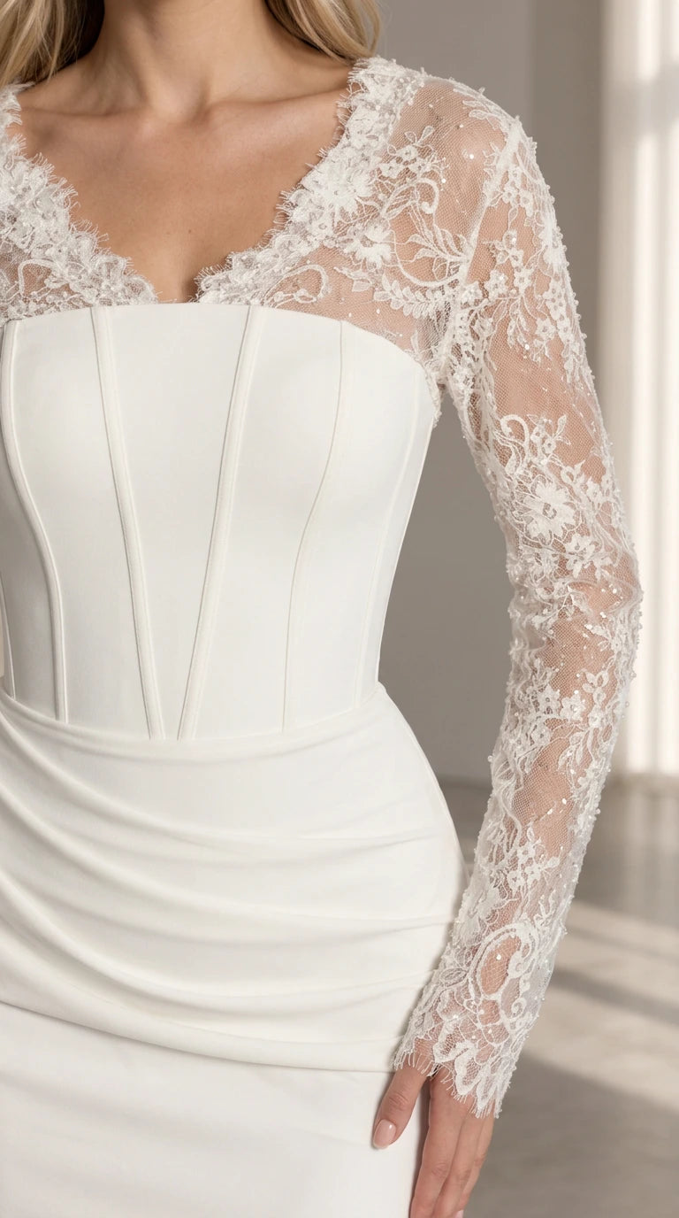 Close-up detail of sheer floral lace sleeves and boned sweetheart neckline