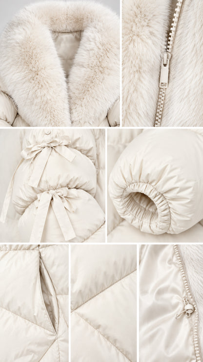 Detailed close-ups of faux fur collar, zipper, sleeve bows, elastic cuff, and pockets