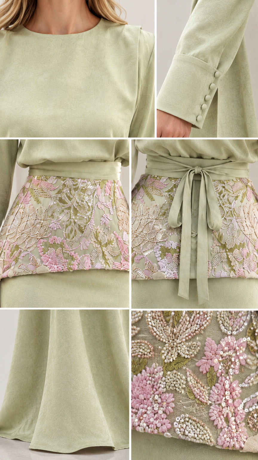 Detailed view of Sage Green gown neckline, button cuffs, and beaded floral embroidery