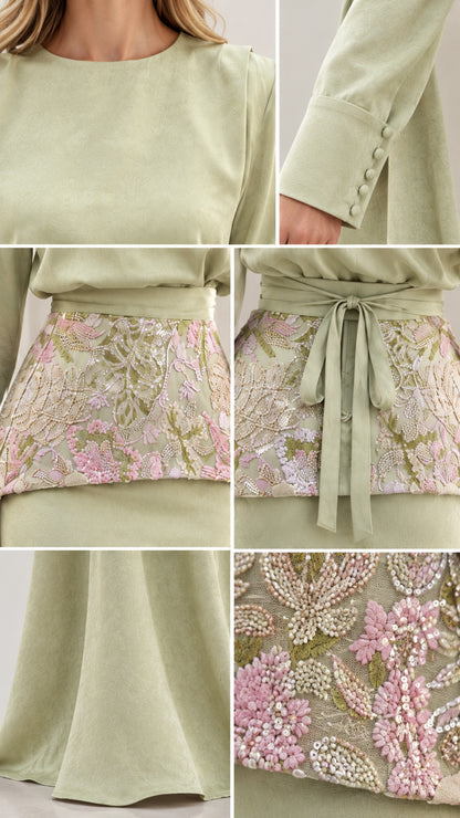 Detailed view of Sage Green gown neckline, button cuffs, and beaded floral embroidery