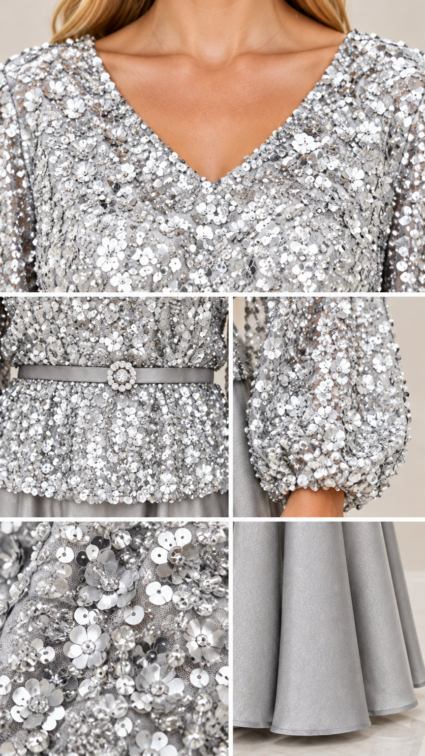Detailed collage showing sequin texture, neckline, belt buckle, sleeve cuff, and hem