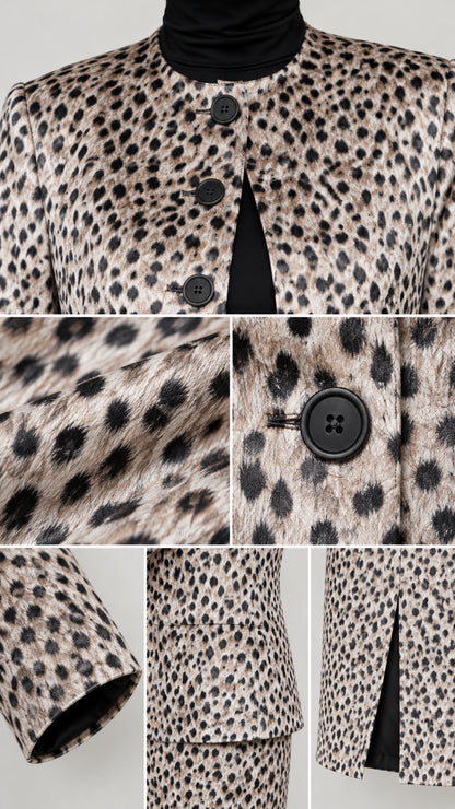 Detailed close-up of textured leopard fabric, round collar, button closure, and hem lining