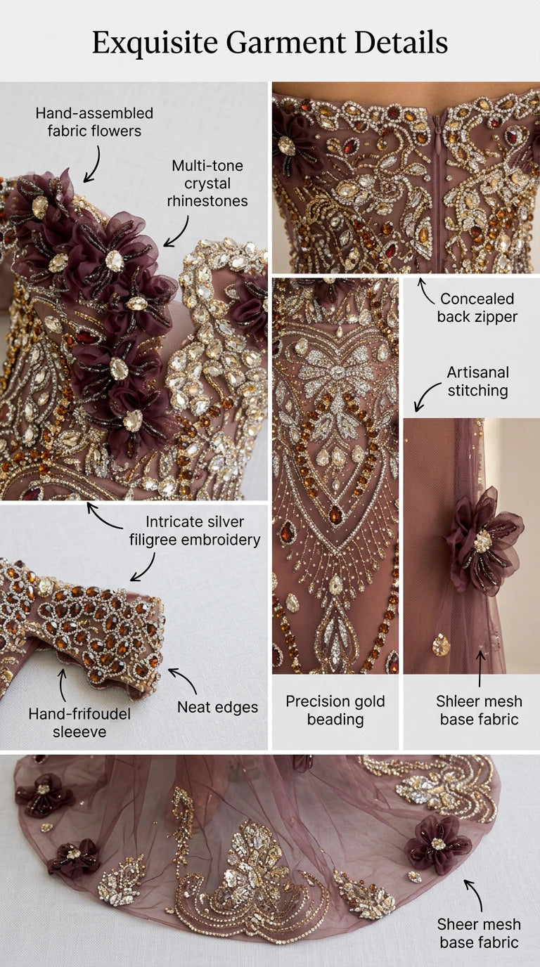 Close-up garment detail showing 3D fabric flowers, crystal beading, and embroidery