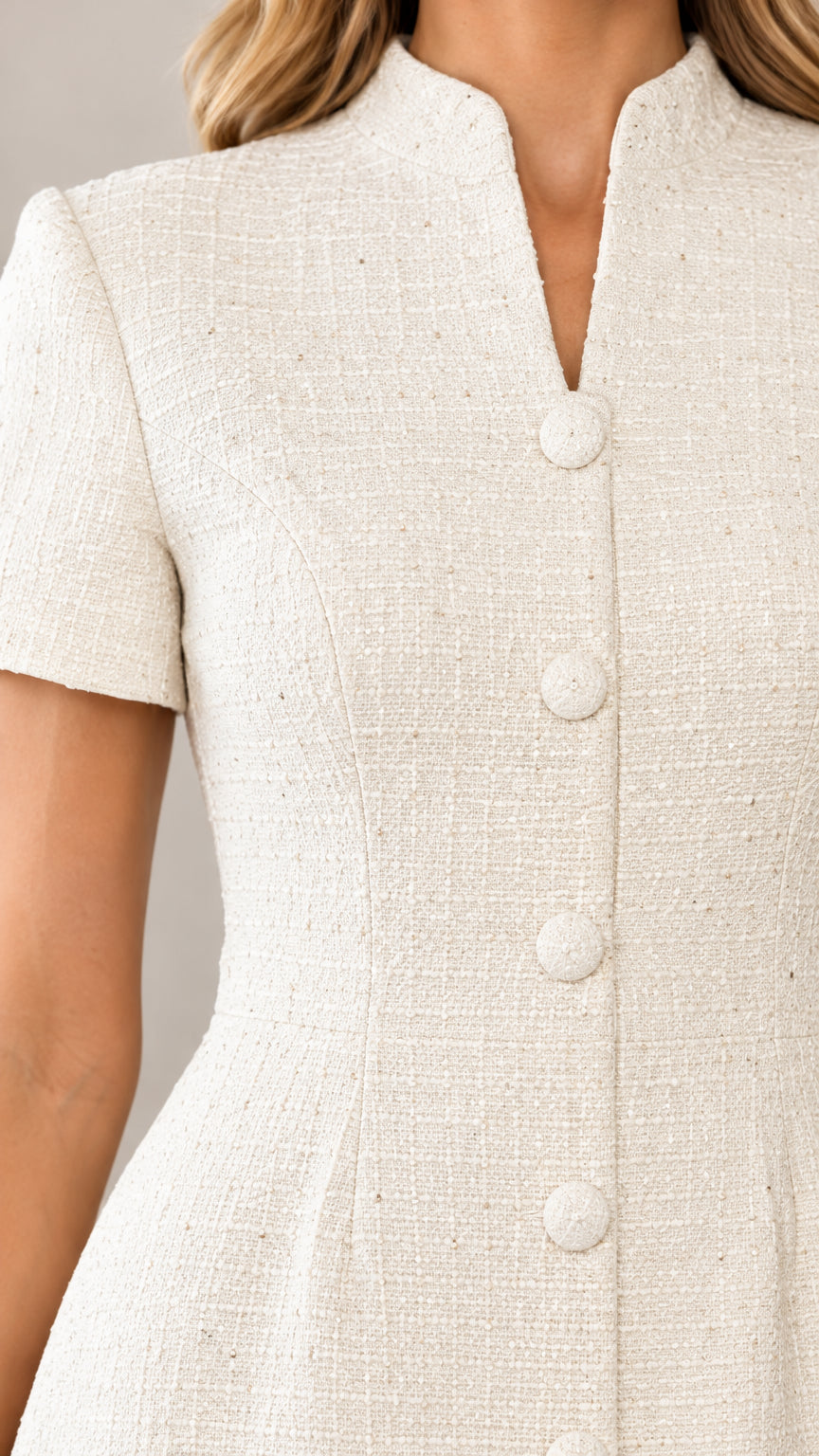 Close up of textured ivory tweed fabric with covered button details and notch collar