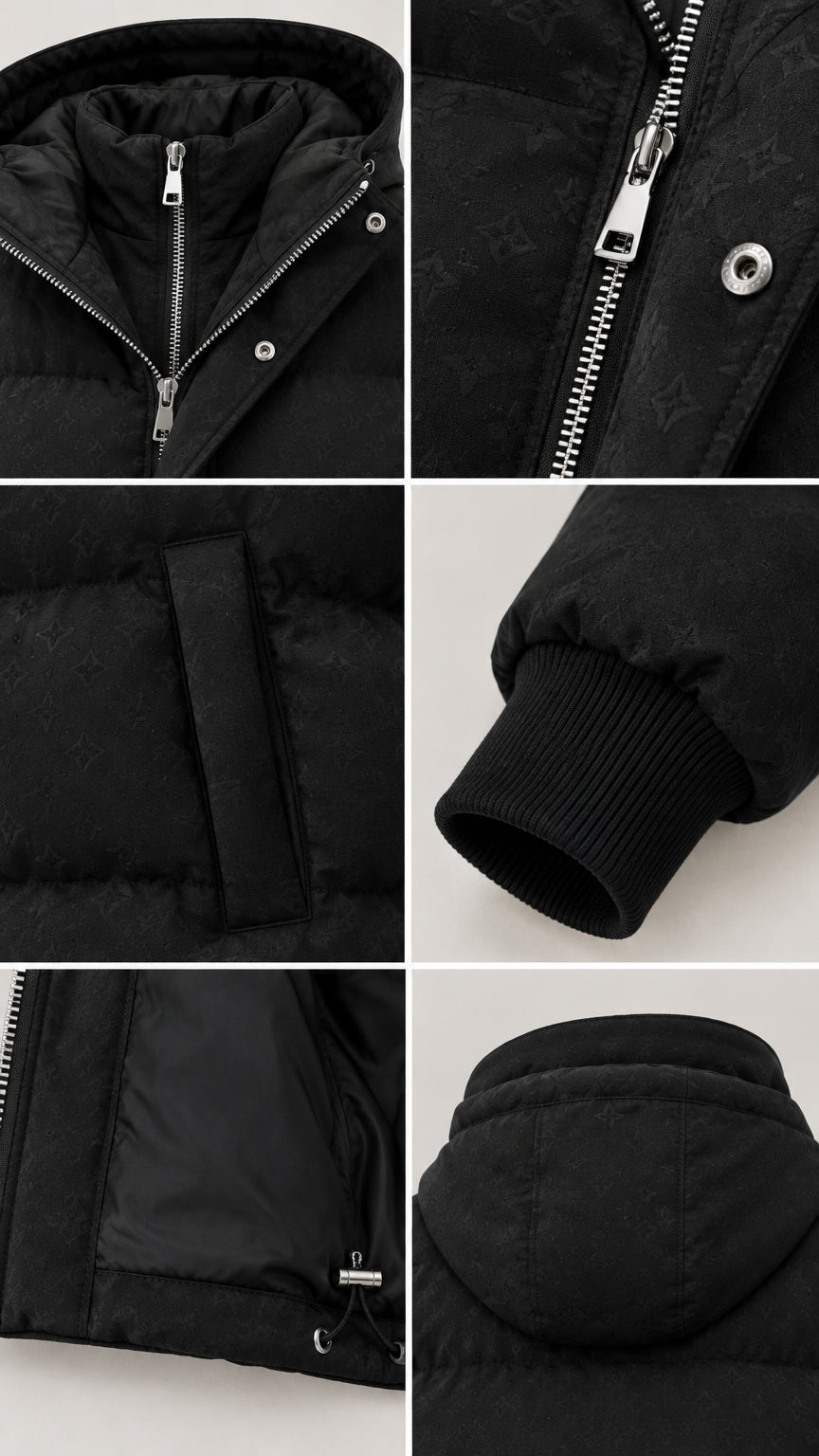 Detailed close-ups of puffer vest zipper, hood, pocket, and ribbed sleeve cuffs
