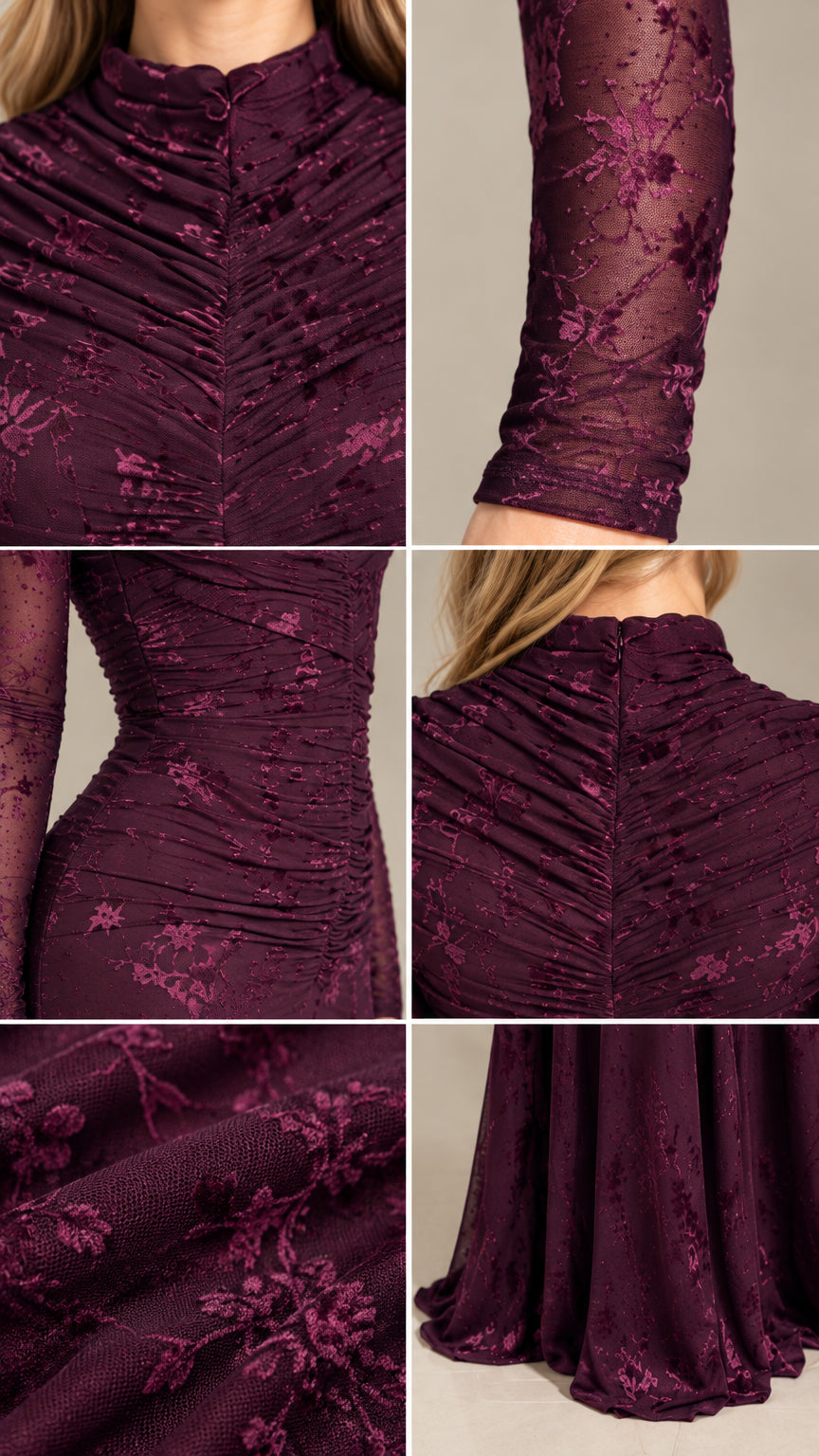 Close-up details of ruched mock neck, sheer sleeve, and lace fabric texture