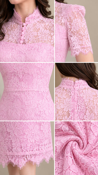 Close-up details of neckline, sleeve, and scalloped hemline on pink lace dress